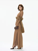 Caramel Ruched Turtleneck Slit Dress