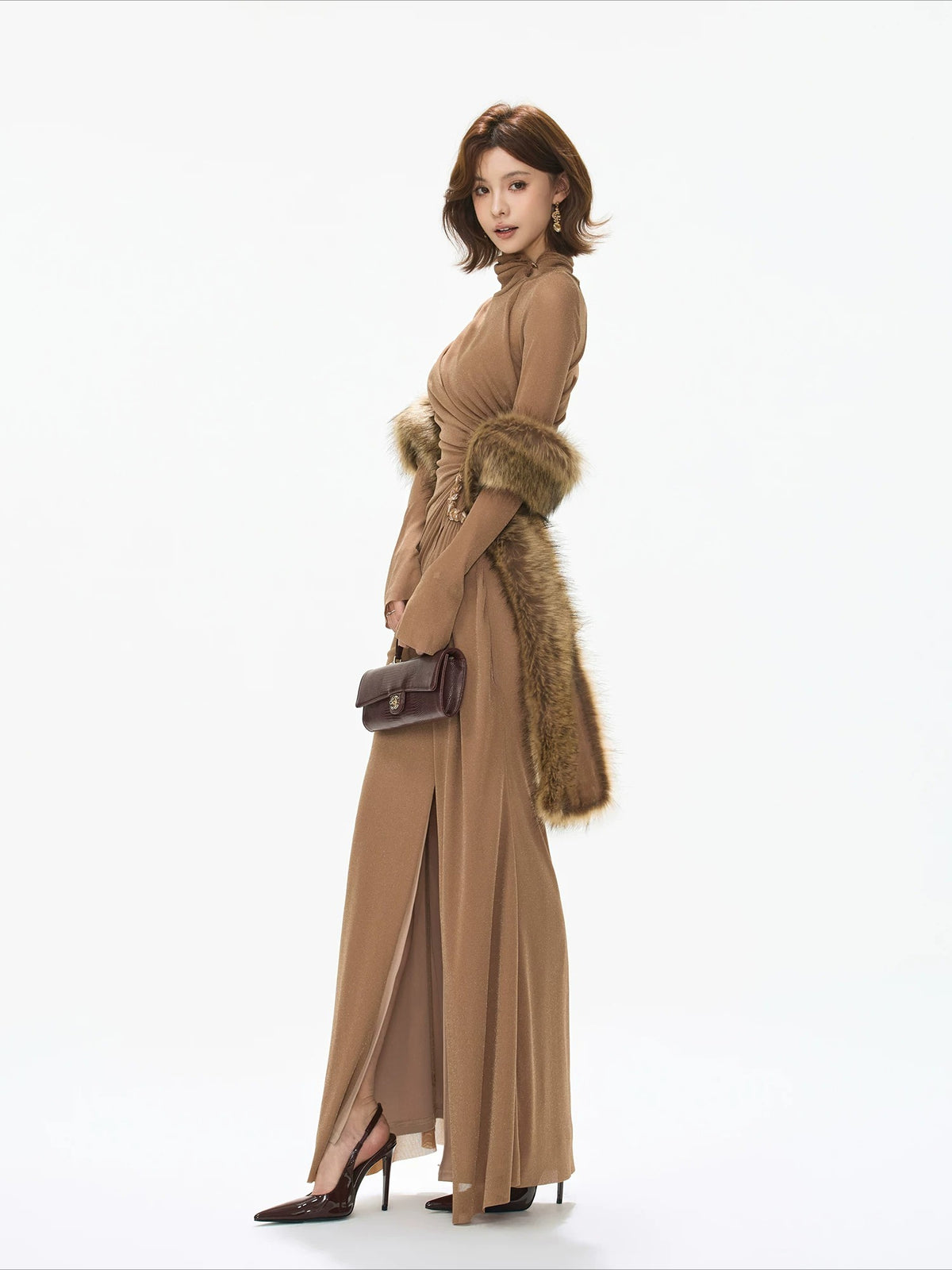 Caramel Ruched Turtleneck Slit Dress