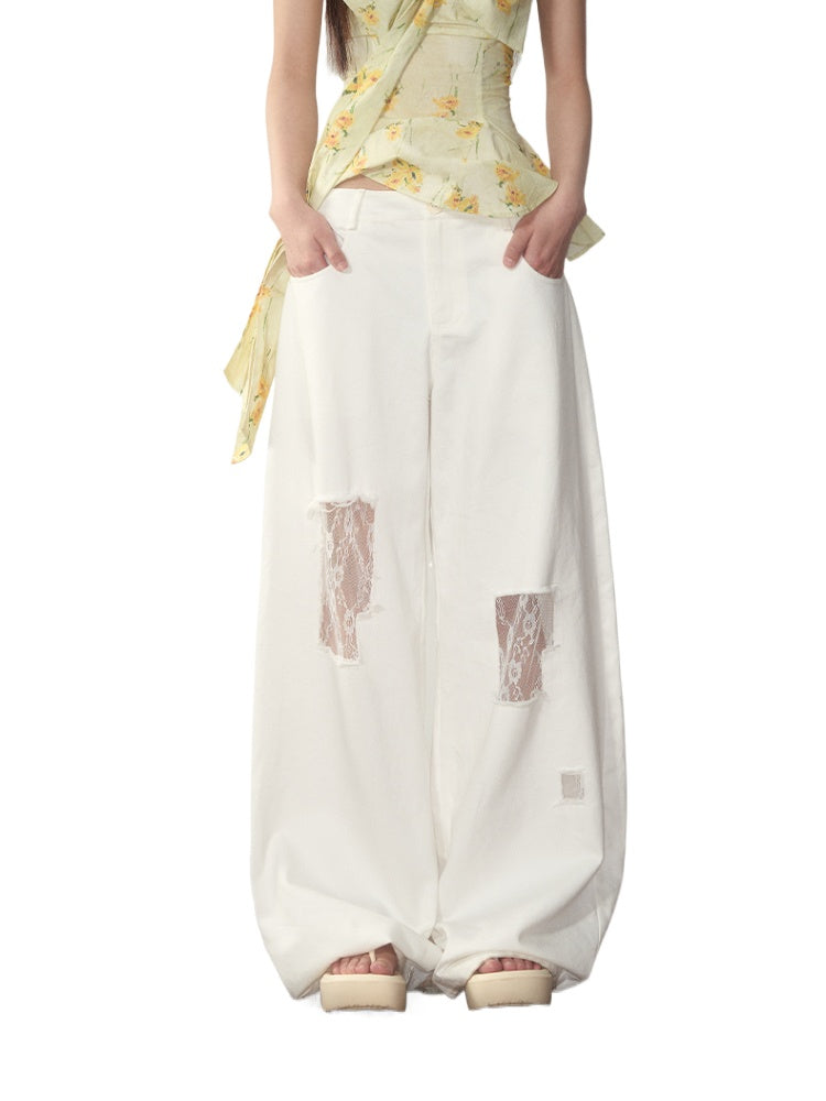 White Lace Splicing Denim Wide-Leg Pants