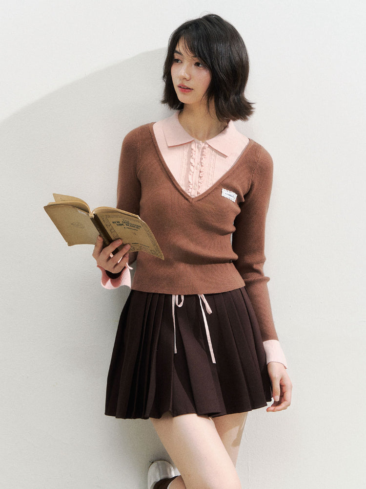 Brown &amp; Navy College Pleated Skirt