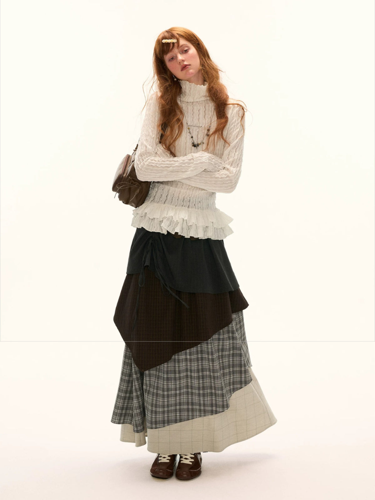 Ruffle High-Neck Slim Long Sleeve Top