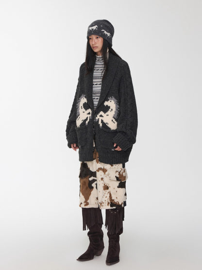 Pony Jacquard Horn-Button Chunky Cardigan