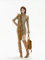 Camel Lace High Neck Knit Dress