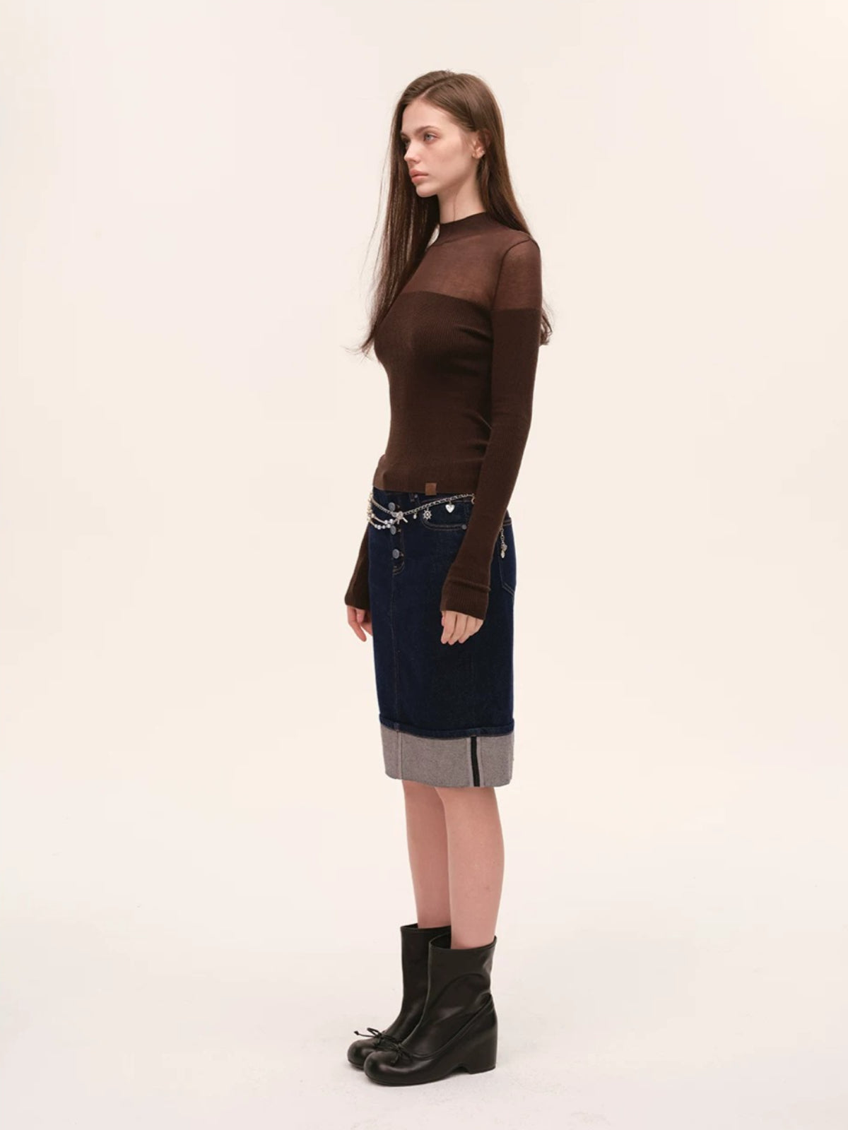 Sheer Mesh Mock Neck Fitted Knit Top