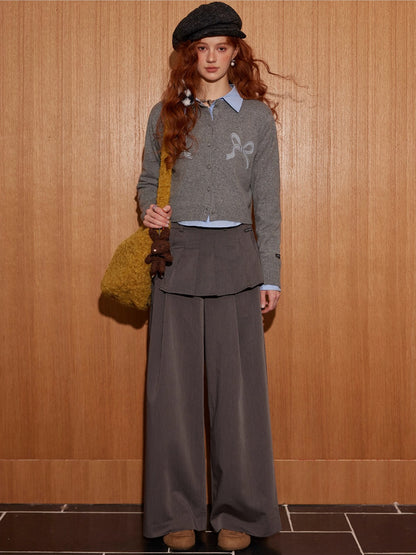 Bow Appliqué Round-Neck Knit Cardigan