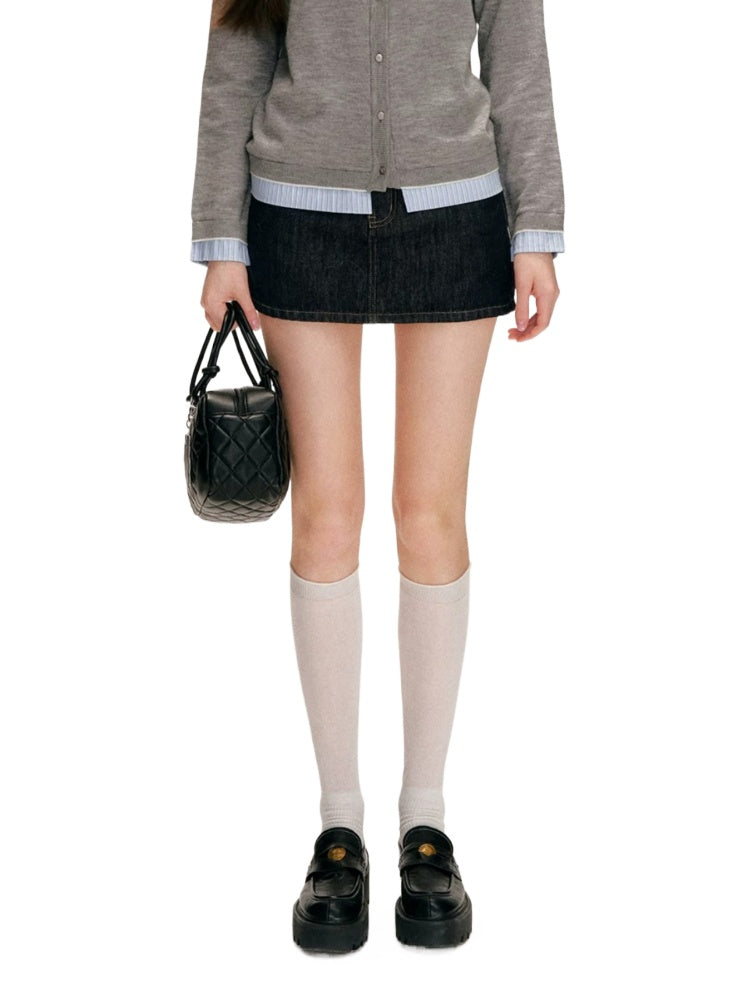 Plaid Trim Denim Skirt