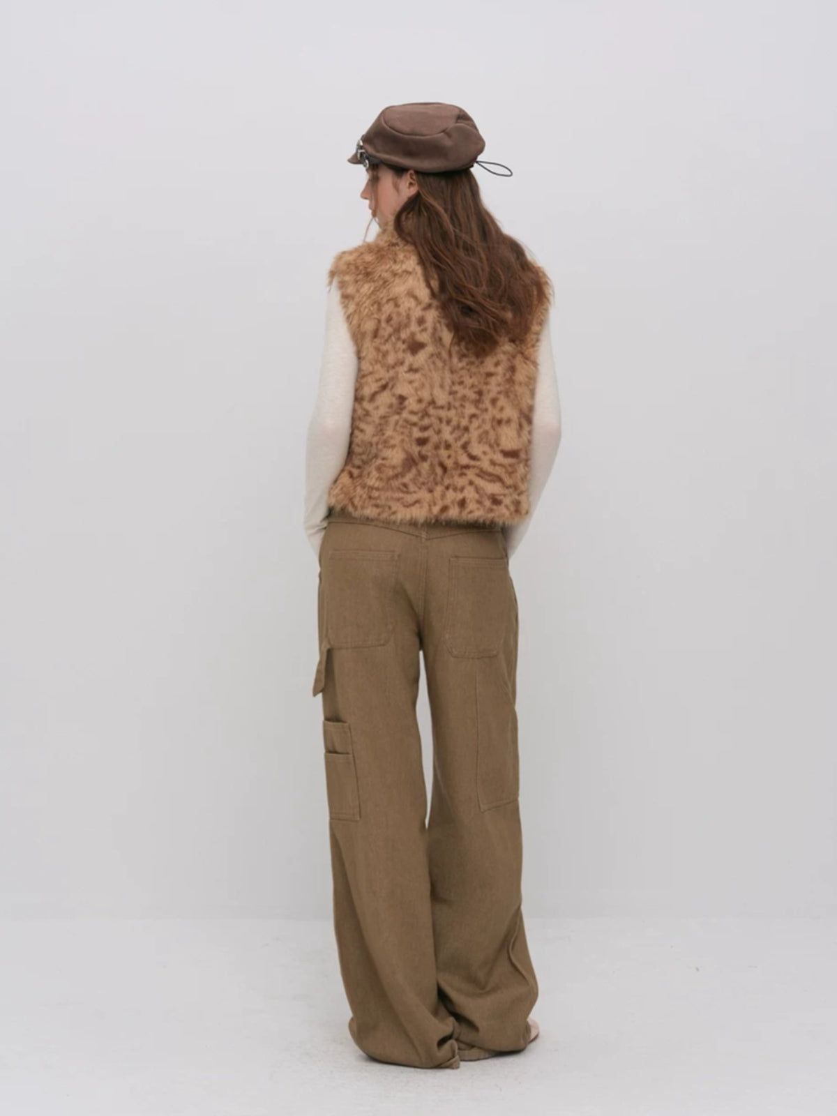 Leopard Faux Fur Sleeve Vest Jacket
