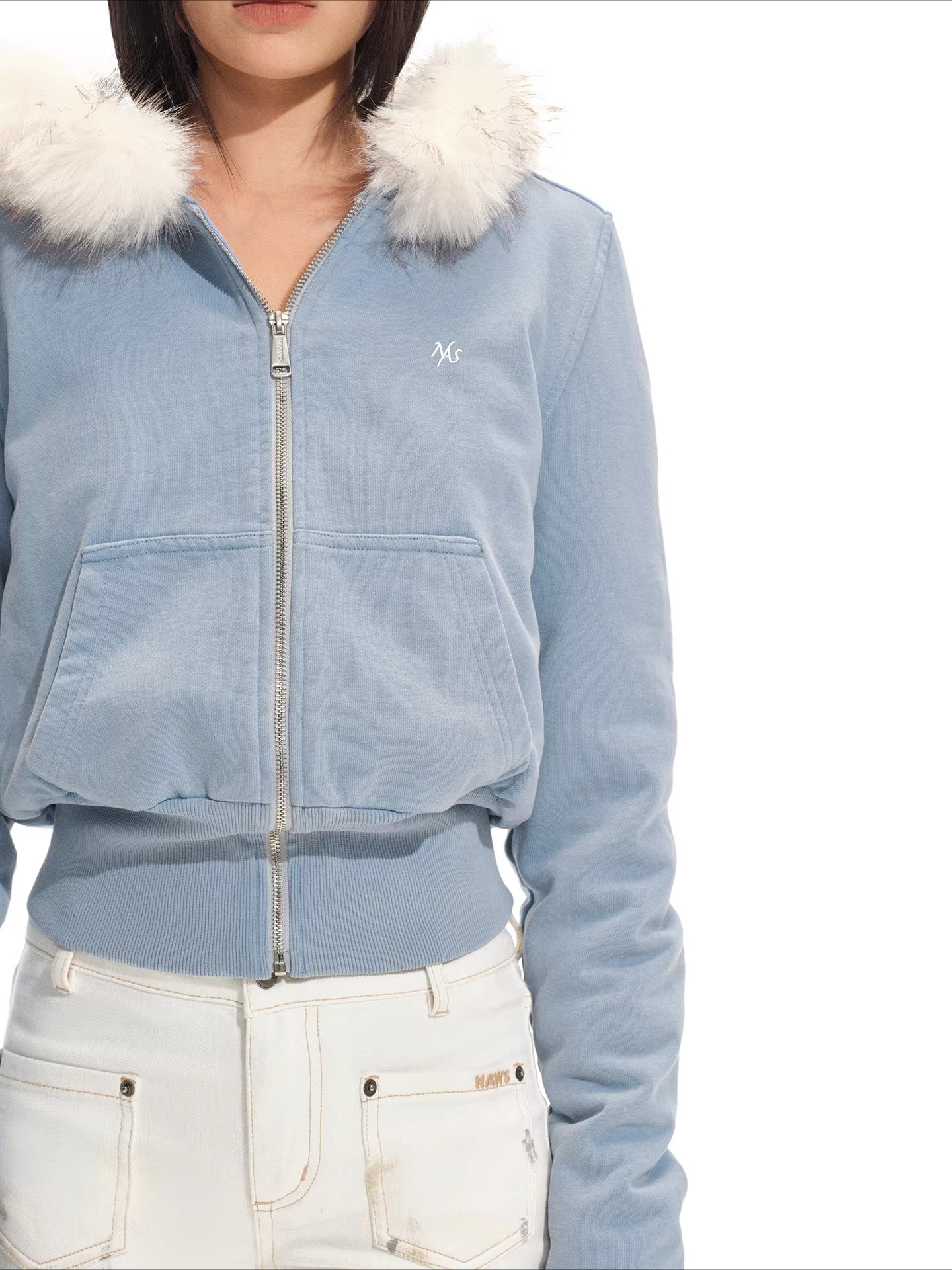 Fox Fur Trim Washed Cotton Fitted Hoodie