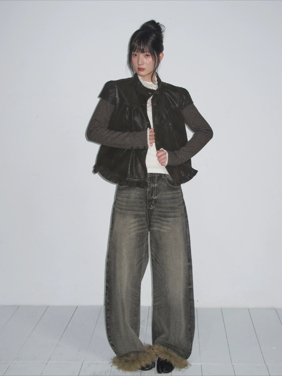 Stand-Collar Faux-Layered Jacket