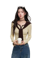 Striped Shawl Collar Knit Top