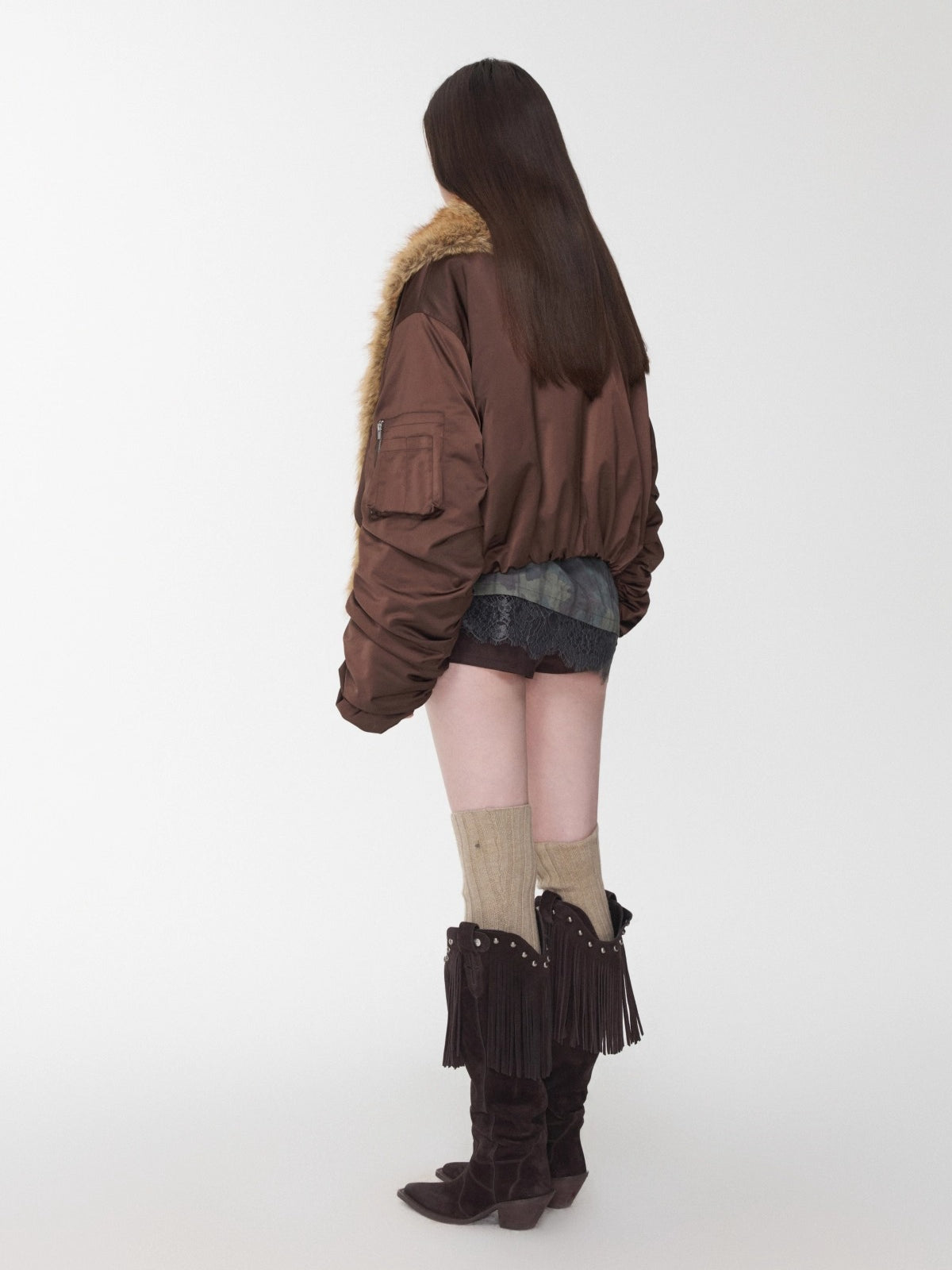 Brown Faux-Fur Collar Bomber Jacket