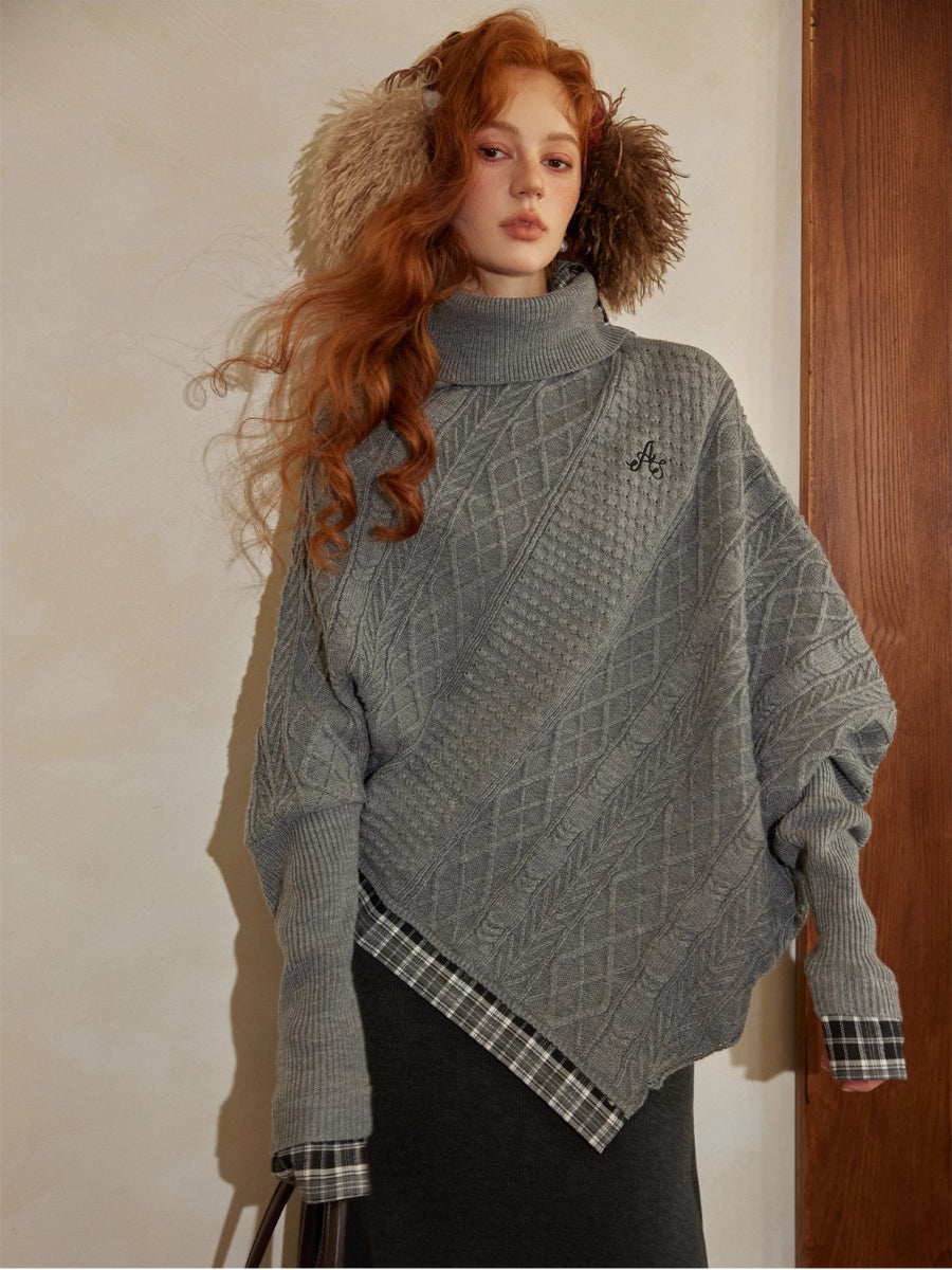 Plaid Patchwork Batwing Sleeve Knit Sweater