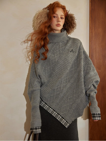 Plaid Patchwork Batwing Sleeve Knit Sweater