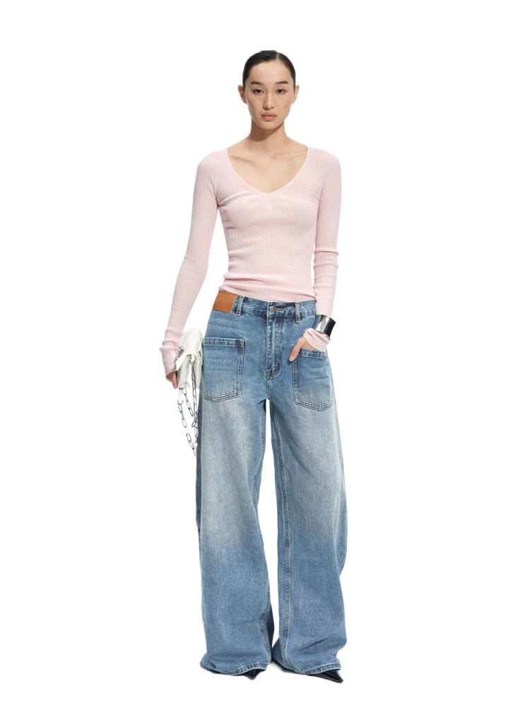 Rose Luna Mercerized Wool V-Neck Top