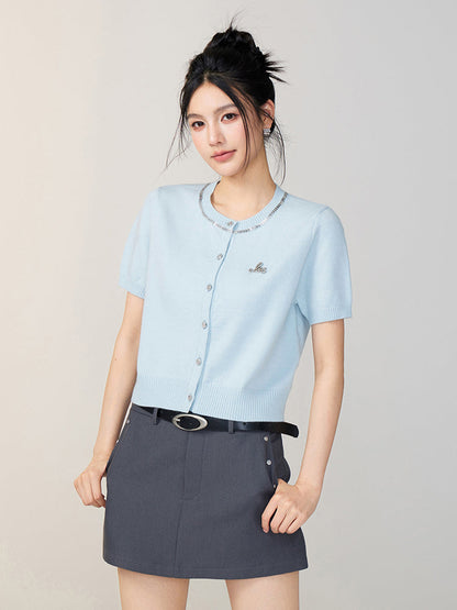 Rhinestone Button Knitted Short-Sleeve Cardigan