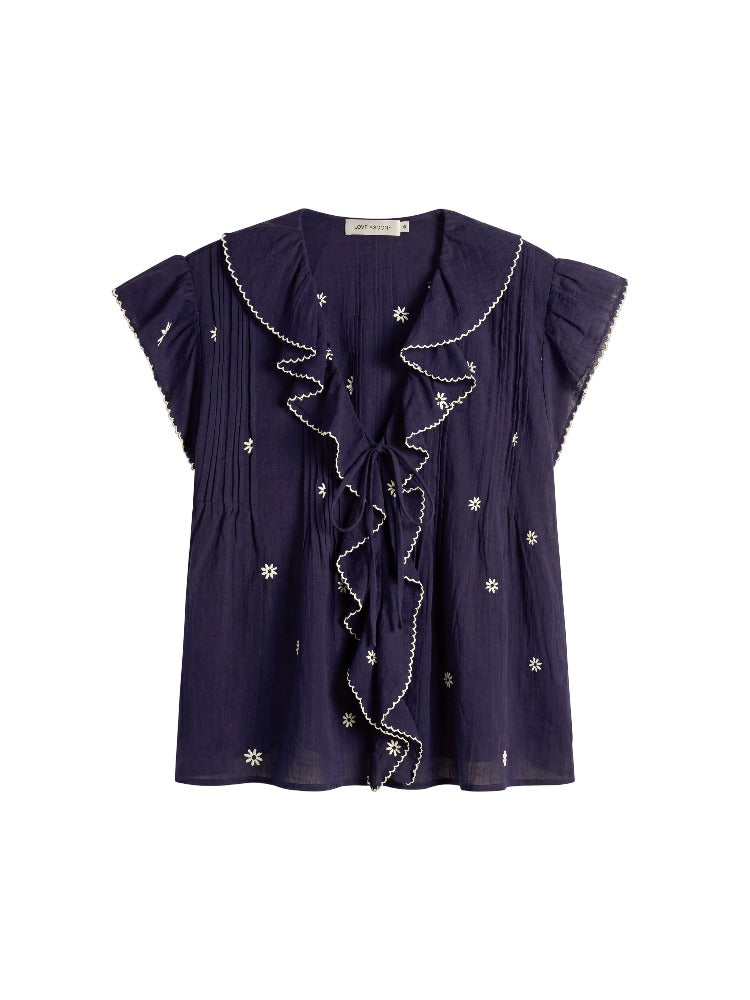 Lace Trim Ruffle V-Neck Blouse