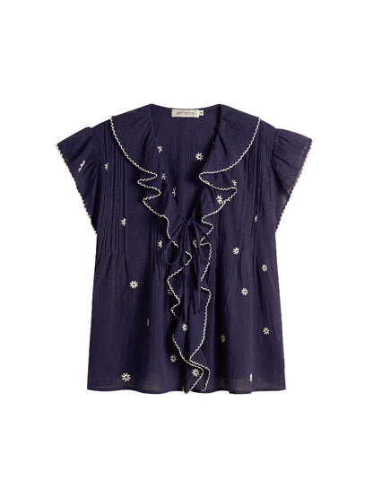 Lace Trim Ruffle V-Neck Blouse