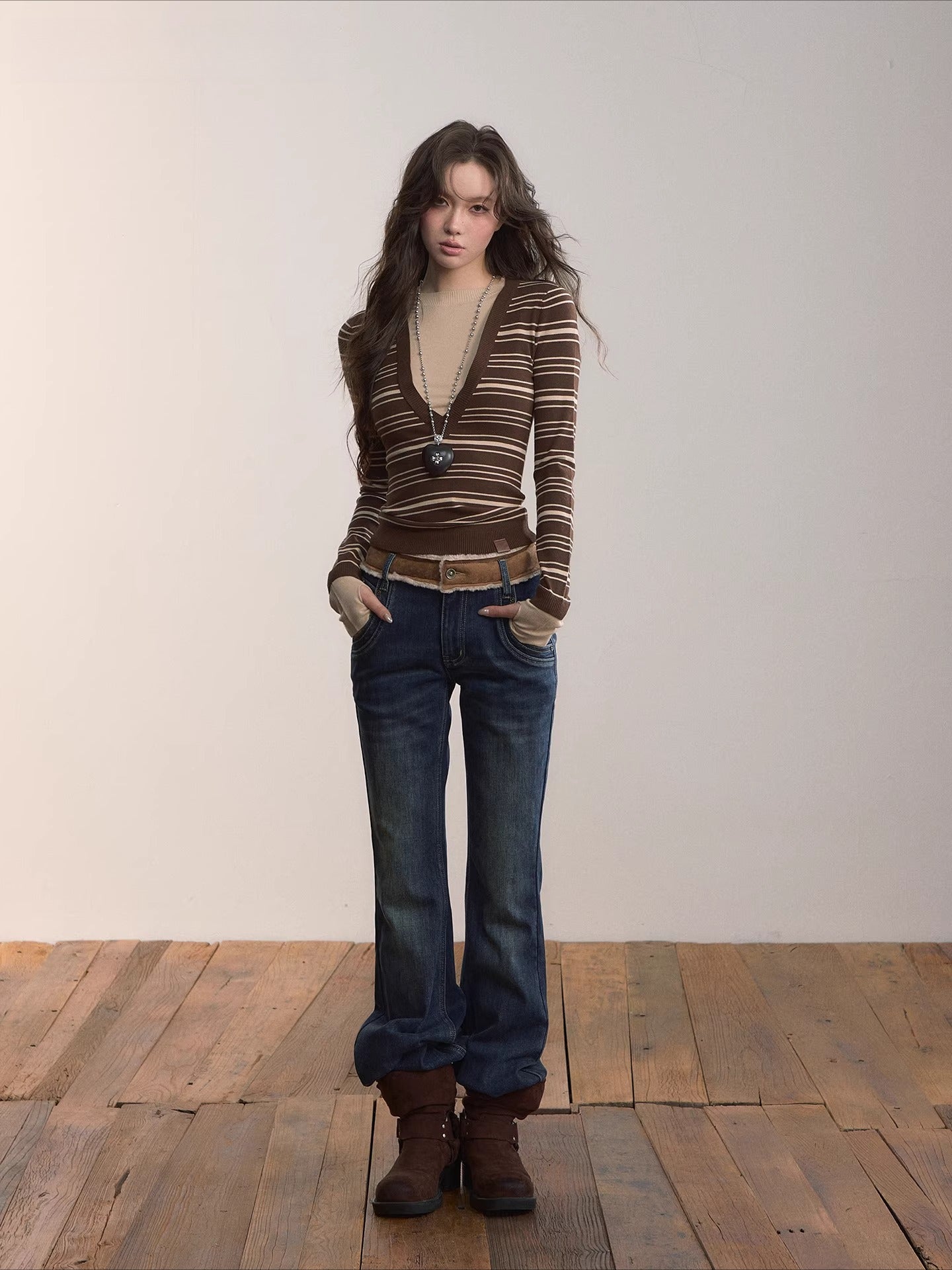 Color-Blocked Faux Fur Waist Slim Flare Jeans
