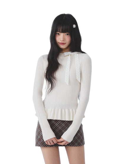 Apricot Bow Ruffle Knit Top
