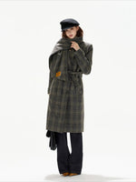 Gray Plaid Detachable Scarf Wool Coat
