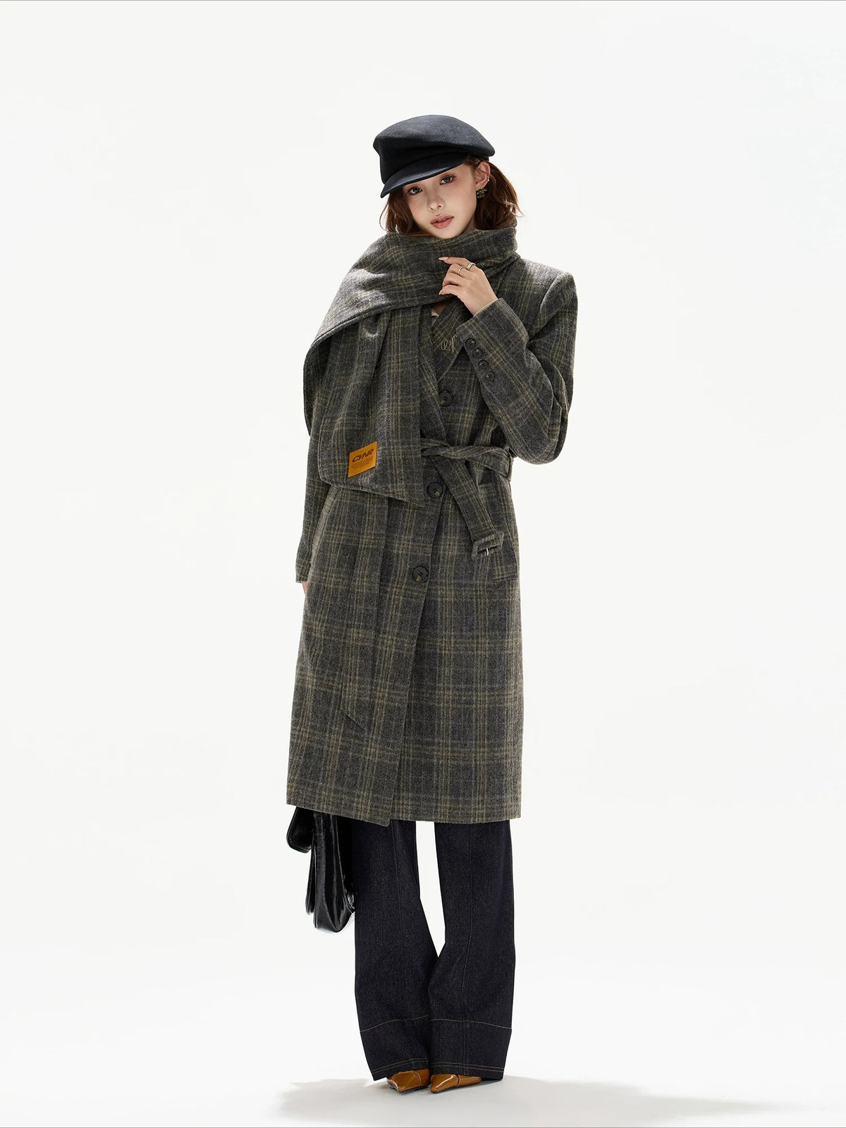 Gray Plaid Detachable Scarf Wool Coat