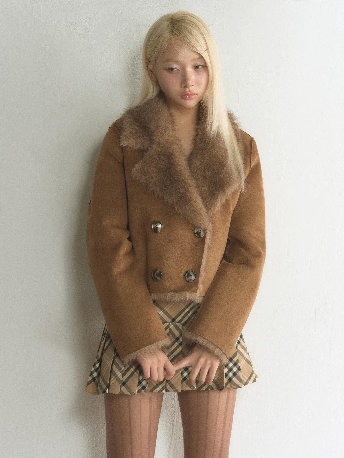 Double-Breasted Faux Suede Fur Jacket