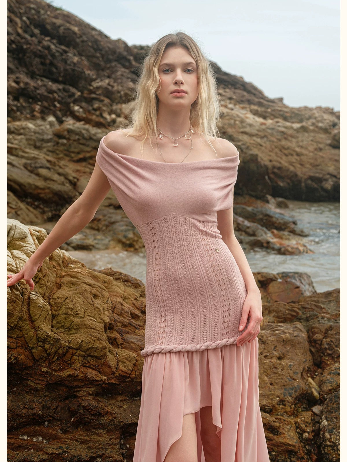 Halter Knit Chiffon Layered Dress