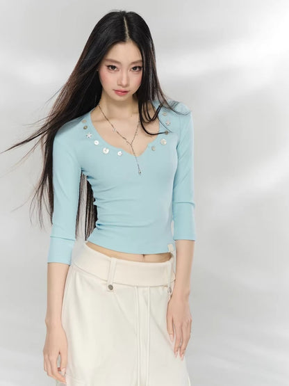 Embellished V-Neck Knit Top