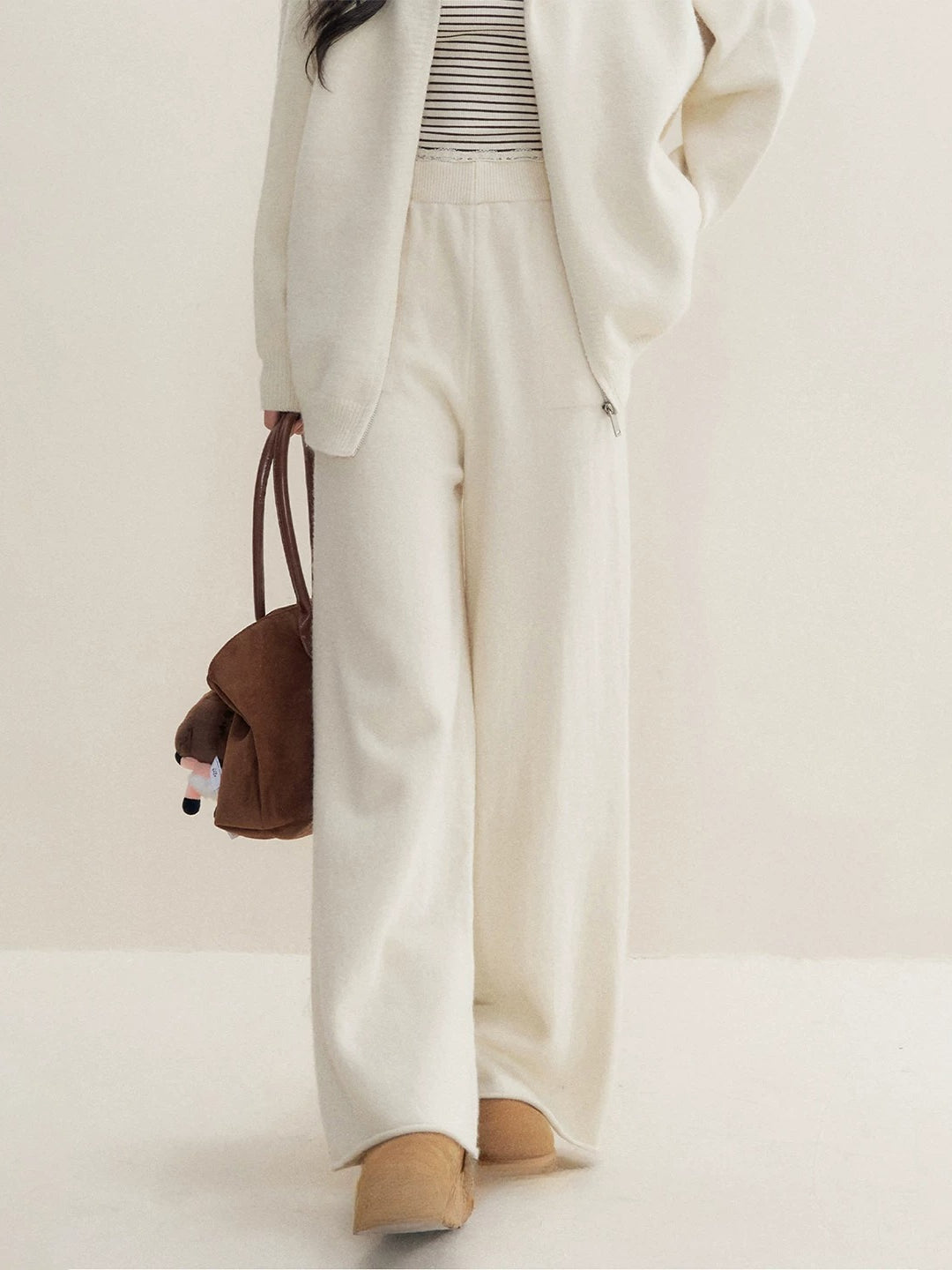 Beige Hoodie Knit Three-Piece Set