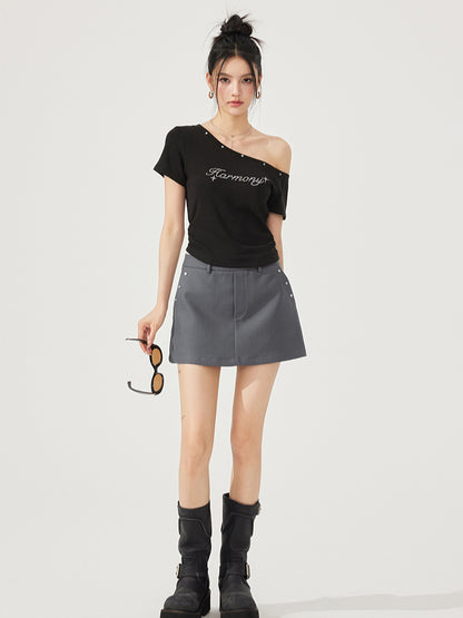 High-Elasticity Star-Studded Diagonal Shoulder T-Shirt