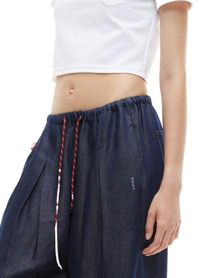 Blue Draped Wide Jeans