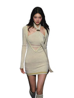 Spliced V-Neck Ribbon Layered Two-piece Dress