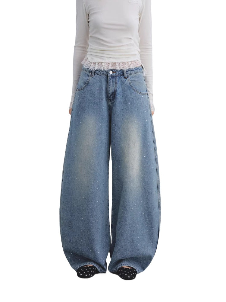 Blue Rhinestone Curved Leg Jeans