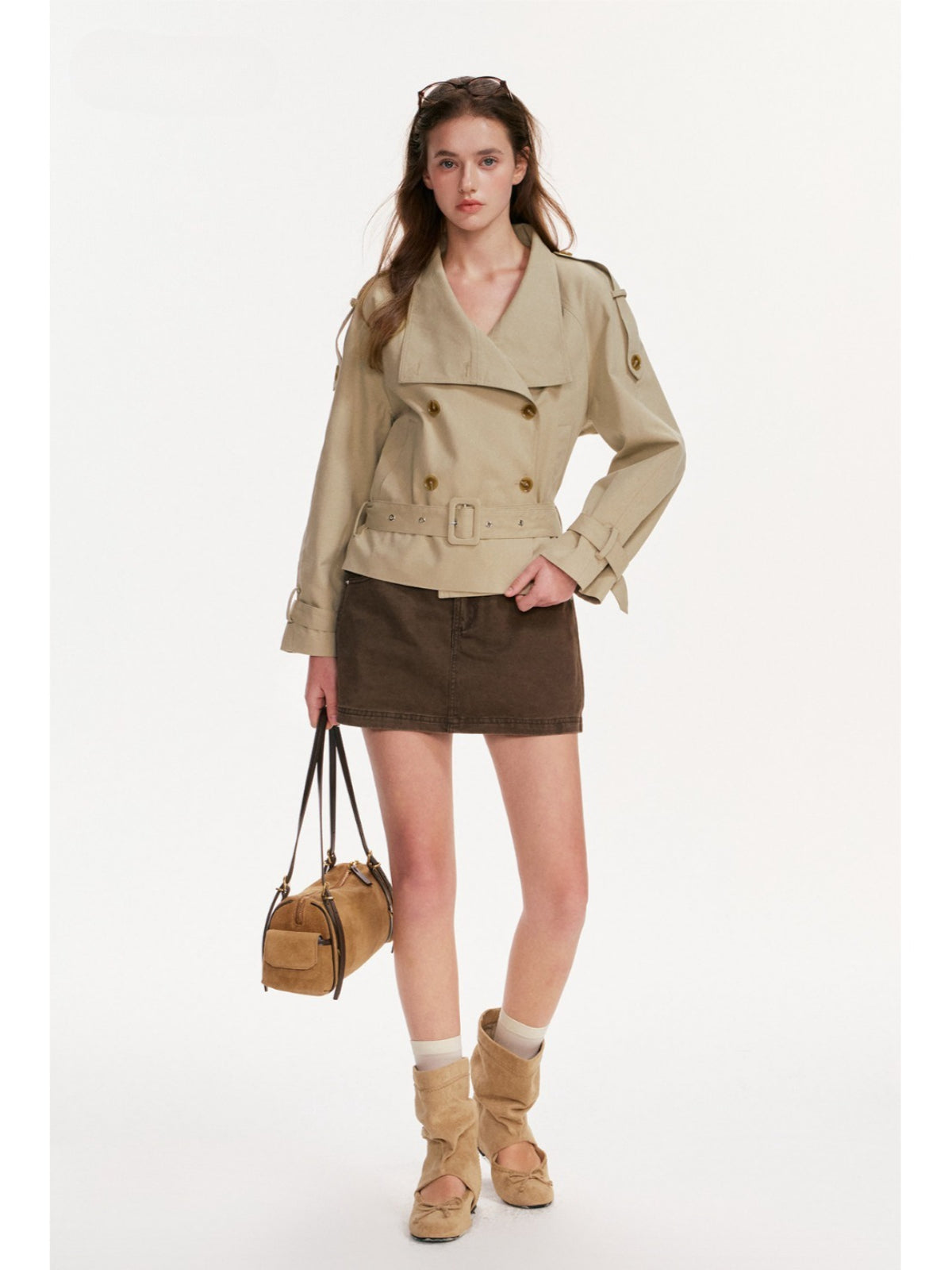 Double-Breasted Belted Cropped Trench Coat