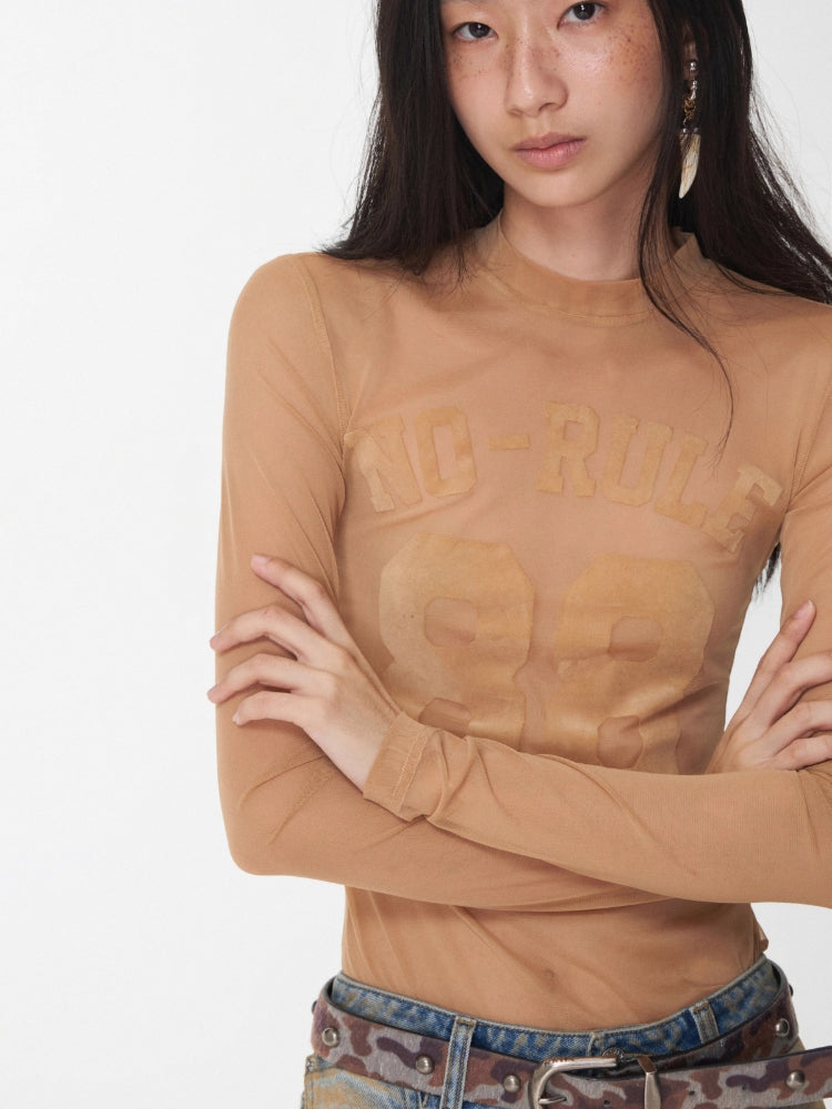 Flocked Mesh Sporty Turtleneck Top