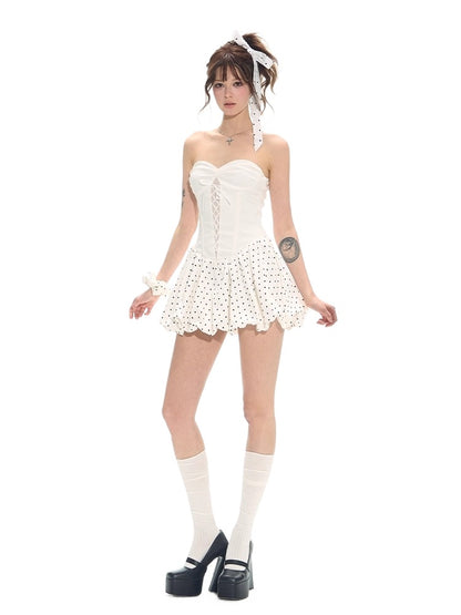 White Polka Dot Corset Balloon Mini Dress