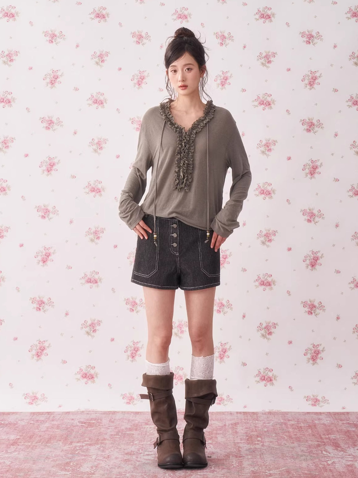 Ruffle Drawstring Knit Top