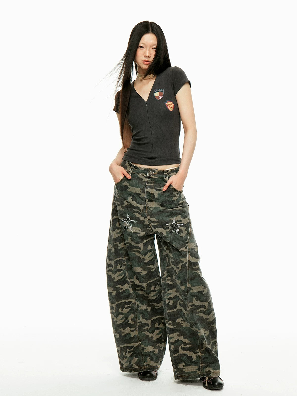 Washed Camo Wide Leg Jeans