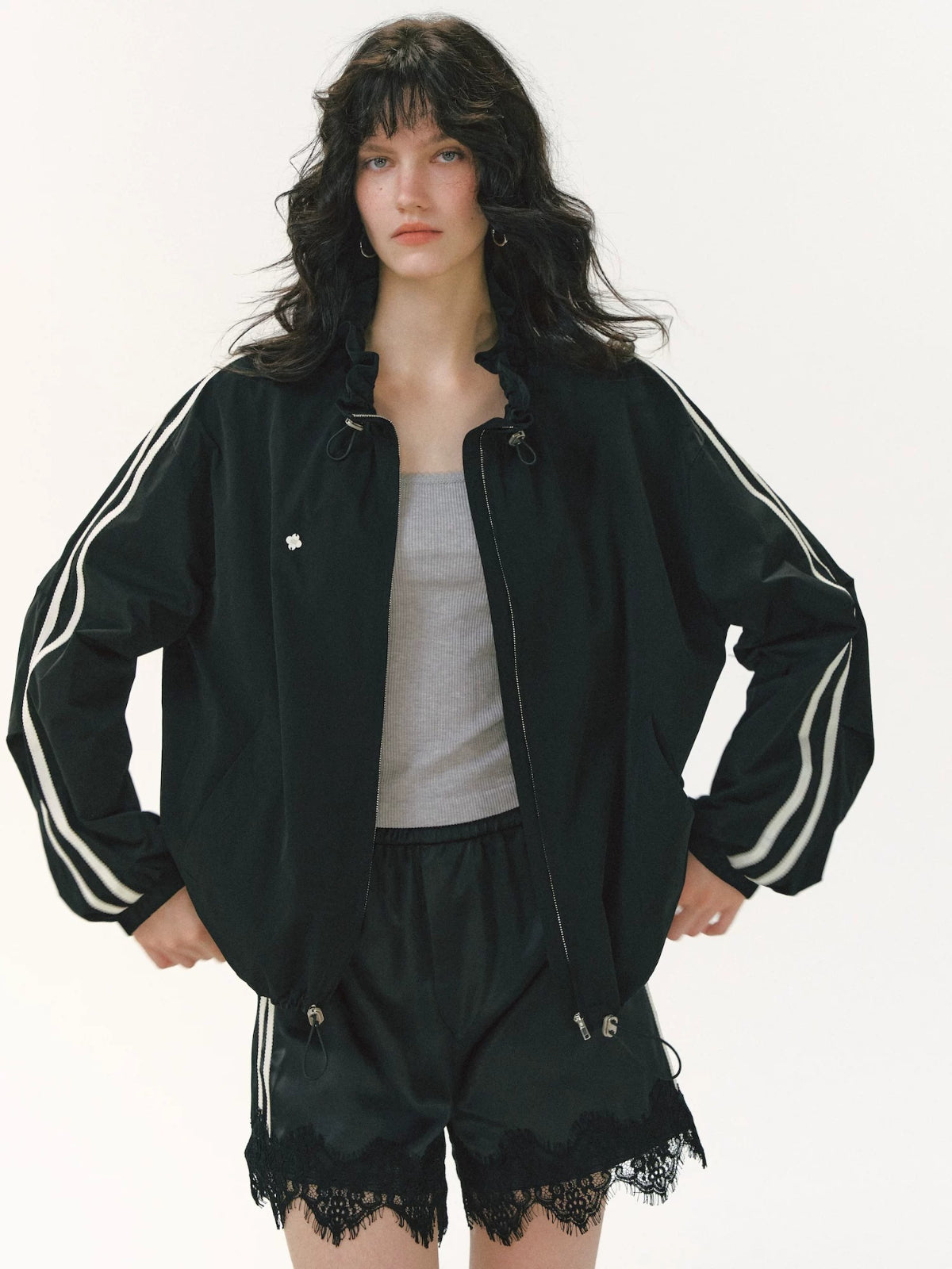 Ribbon Ruffle Drawstring Jacket