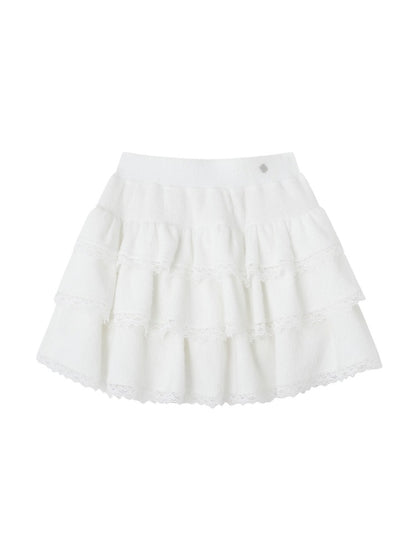 Lace-Panel Velvety Tiered Skirt