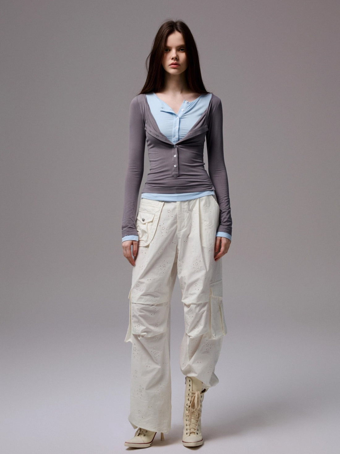 Contrast Layered Henley Blouse