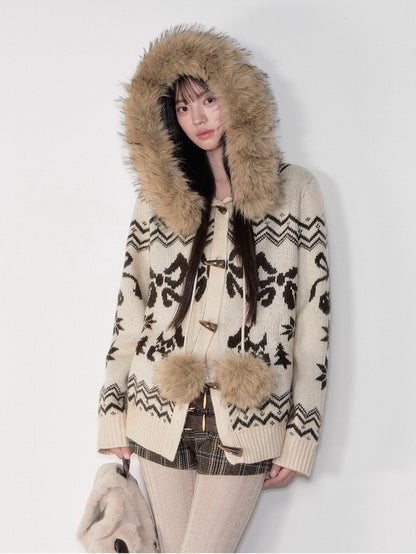 Fair Isle Fur Collar Toggle Knit Coat
