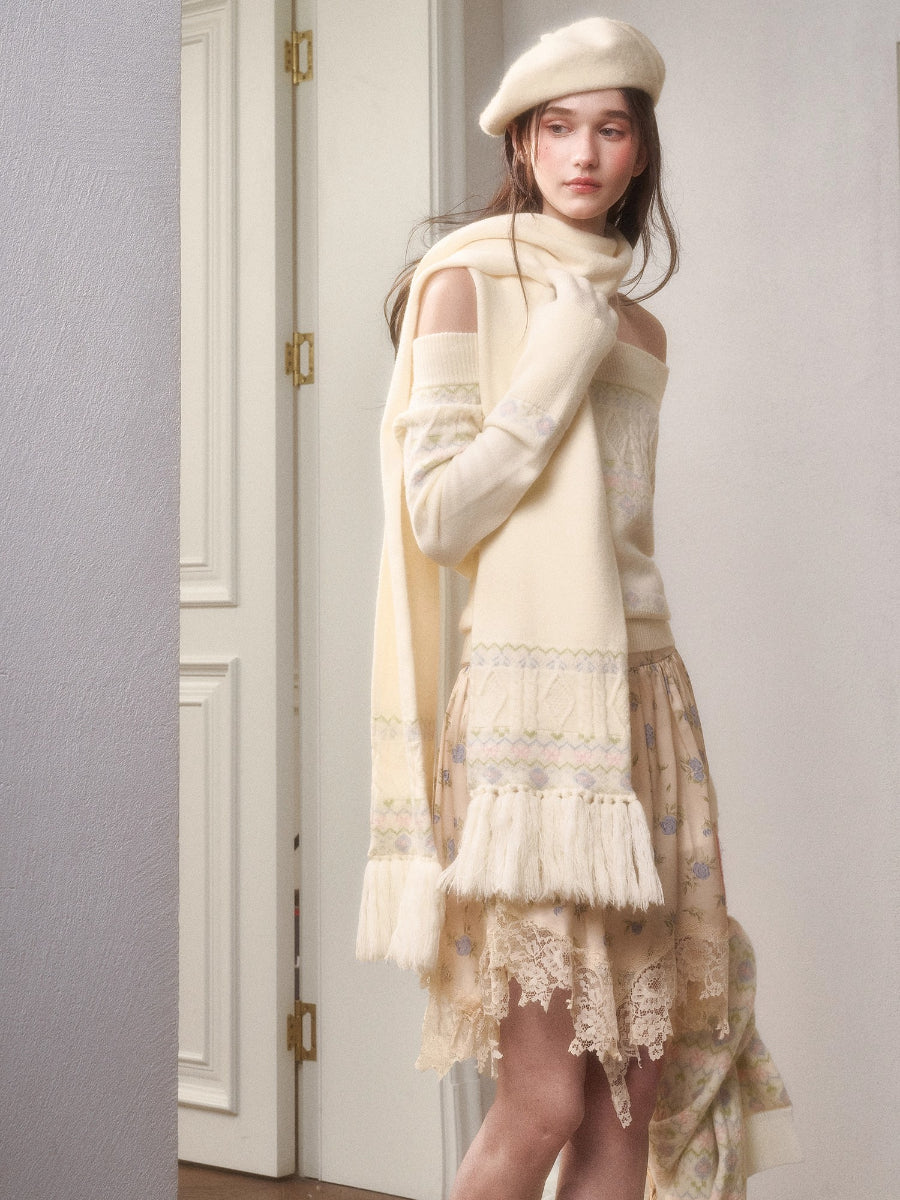 Cosagach Fair Isle Knit Crewneck &amp; Floral Skirt Set