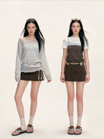 Brown Contrast Waist Denim Skirt