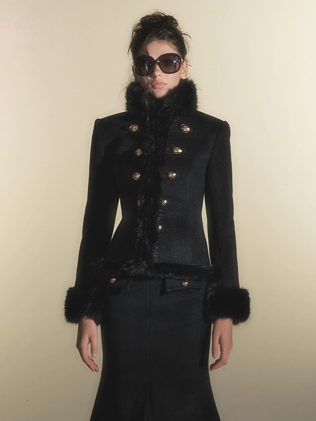 Faux Fur Double-Breasted Waist-Coated Jacket &amp; Skirt Set