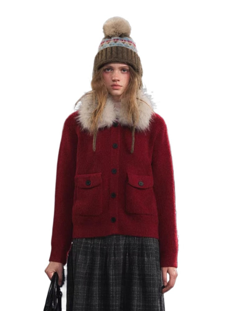 Detachable Fur Collar Ribbed Cardigan