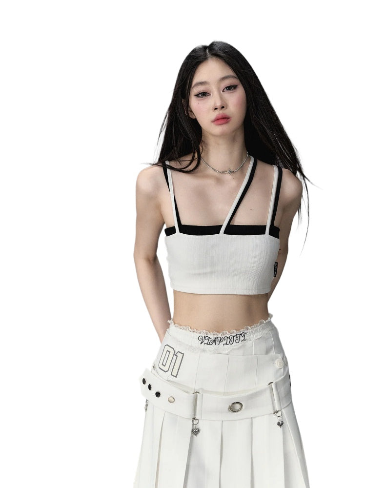 White & Black One-shoulder Tank Top