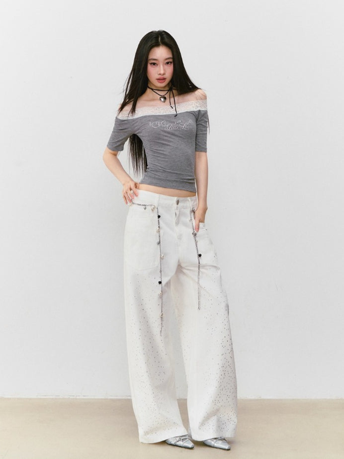 3D Rhinestone Wide-leg Denim Pants