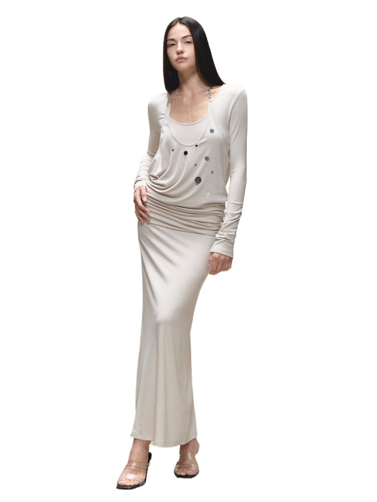 Faux-Two-Piece Halter Sequin Maxi Dress