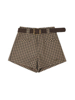 Brown Plaid Wool Belted Shorts